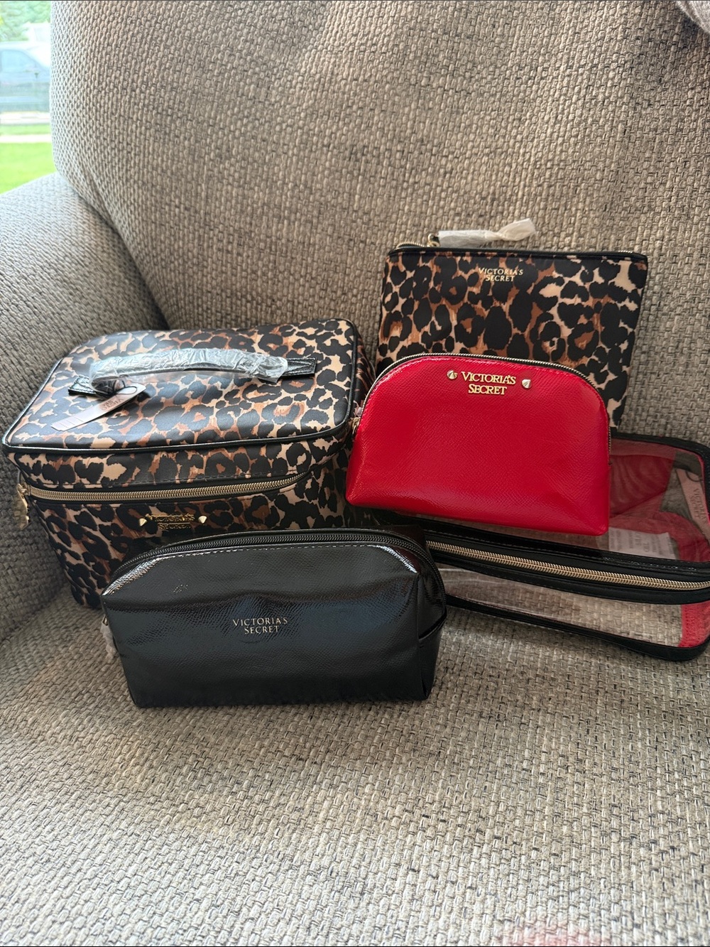Victoria's Secret Leopard Print Case Set with Red & Black Pouches